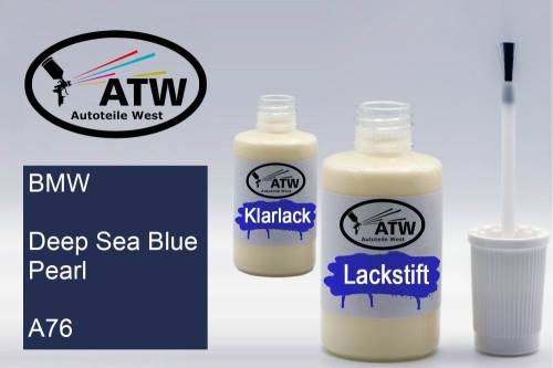 BMW, Deep Sea Blue Pearl, A76: 20ml Lackstift + 20ml Klarlack - Set, von ATW Autoteile West.